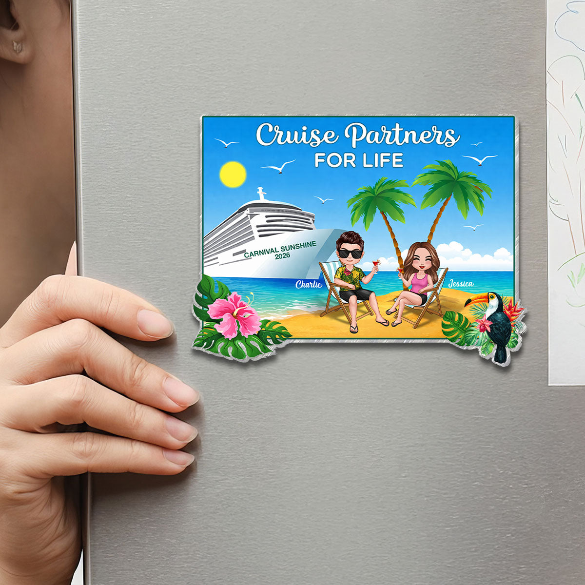 We're In Cruise Mode Doll Couple Sitting On The Beach - Personalized Cruise Ship Door Magnet