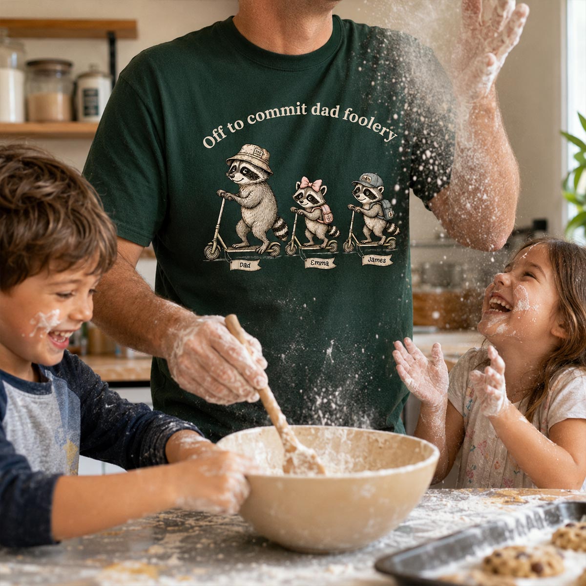 Off To Commit Dad Foolery Funny Raccoon Dad & Kids - Personalized Shirt - Funny Father's Day Shirt For Husband