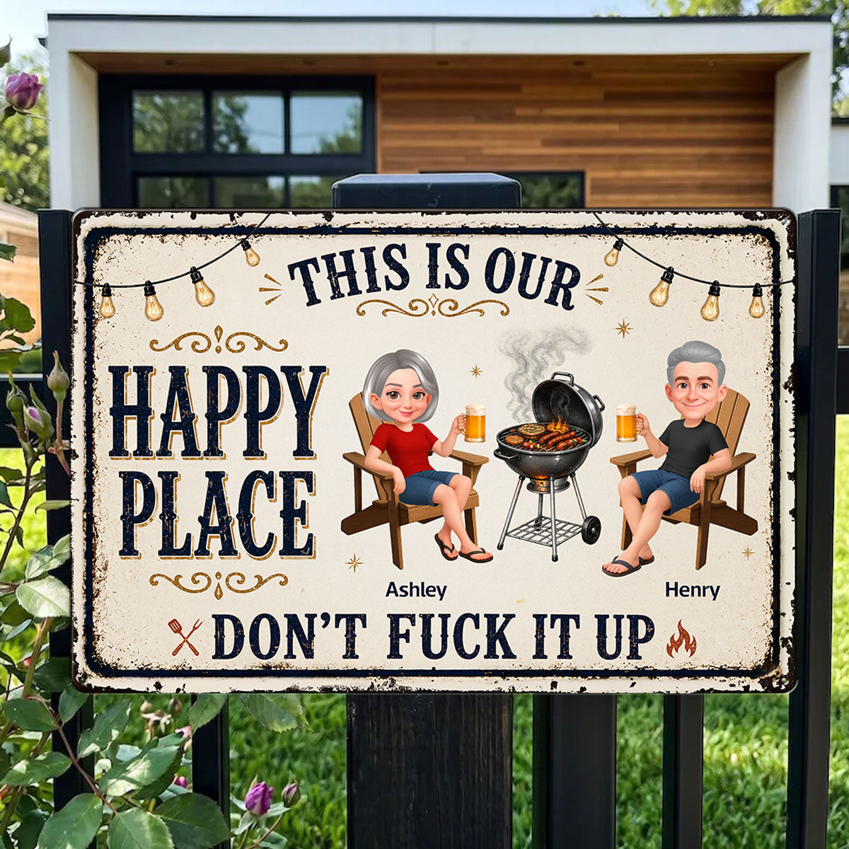 This Is Our Happy Place Backyard Bar Grilling - Personalized Metal Sign - Funny Sarcasm Summer Decoration