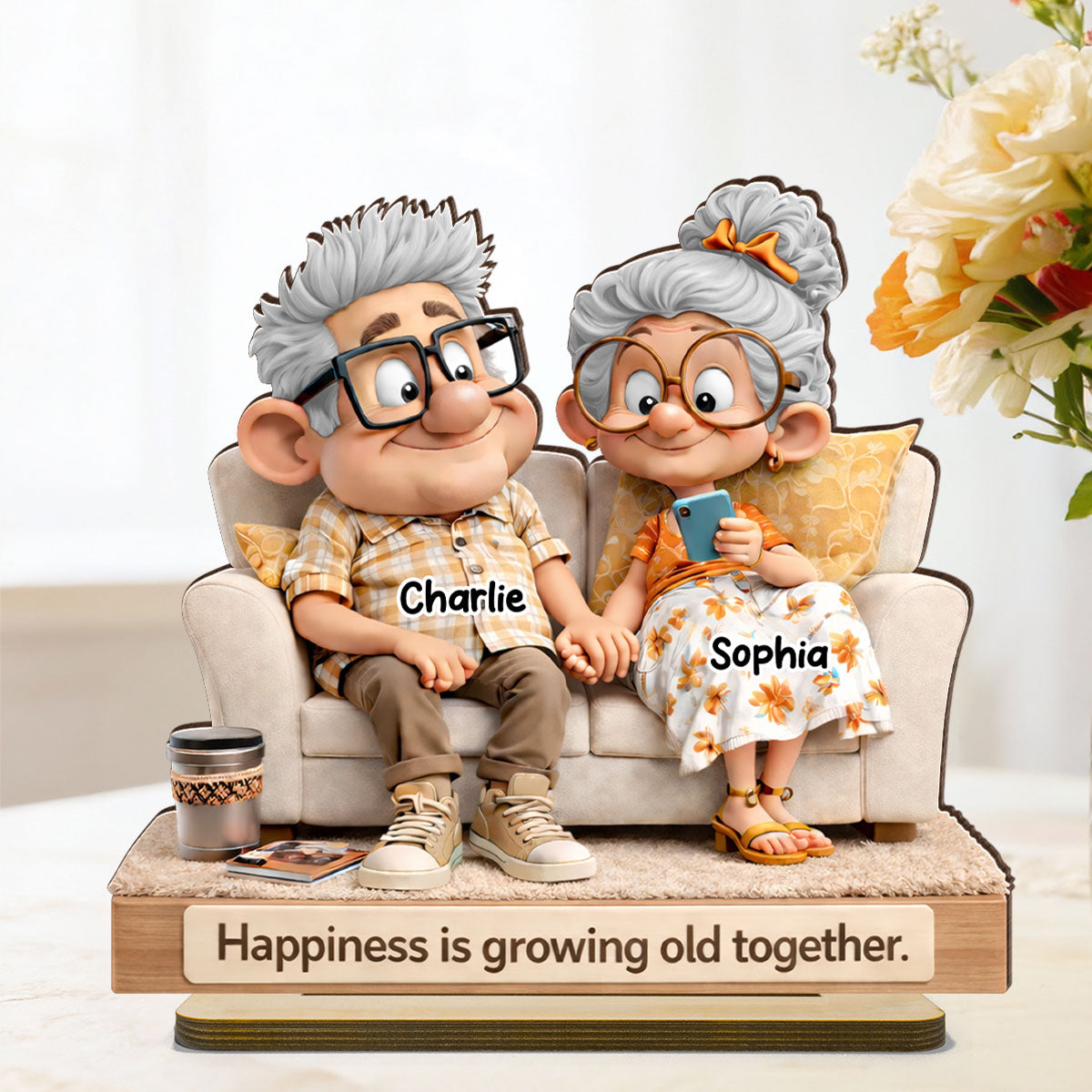 Cute Senior Couple On Couch - Personalized 2-Layered Wooden Plaque - Heartfelt Anniversary, Valentine's Day Gift, Gift For Him, Gift For Her