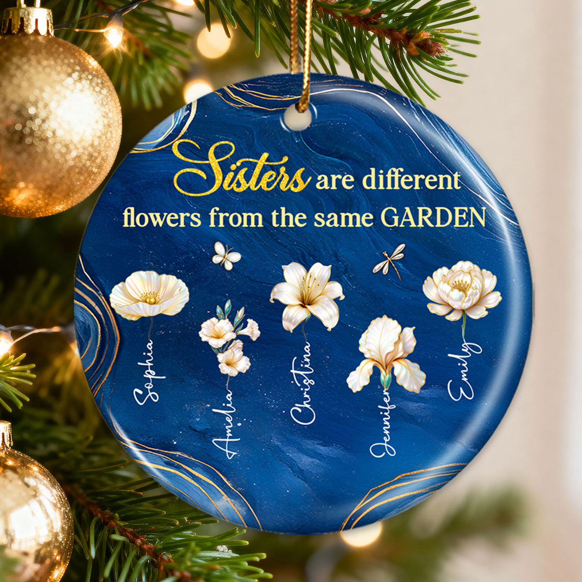 3D Effect Birth Flowers Sisters From The Same Garden - Personalized Ceramic Ornament - Christmas Gift For Sisters