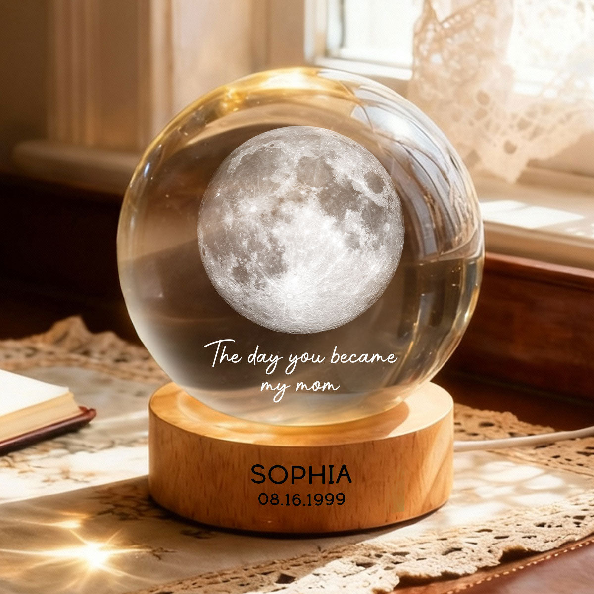 The Day You Became My Mom Engraved Wooden Base - Personalized Crystal Ball LED Night Light - Sentimental Gift for Mom