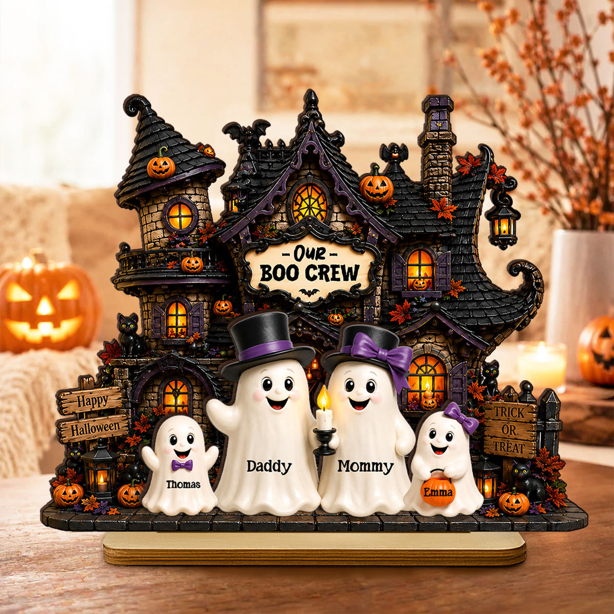 Halloween Ghost Family Boo Crew - Personalized 2-Layered Wooden Plaque - Halloween Decor Gift, Gift For Family