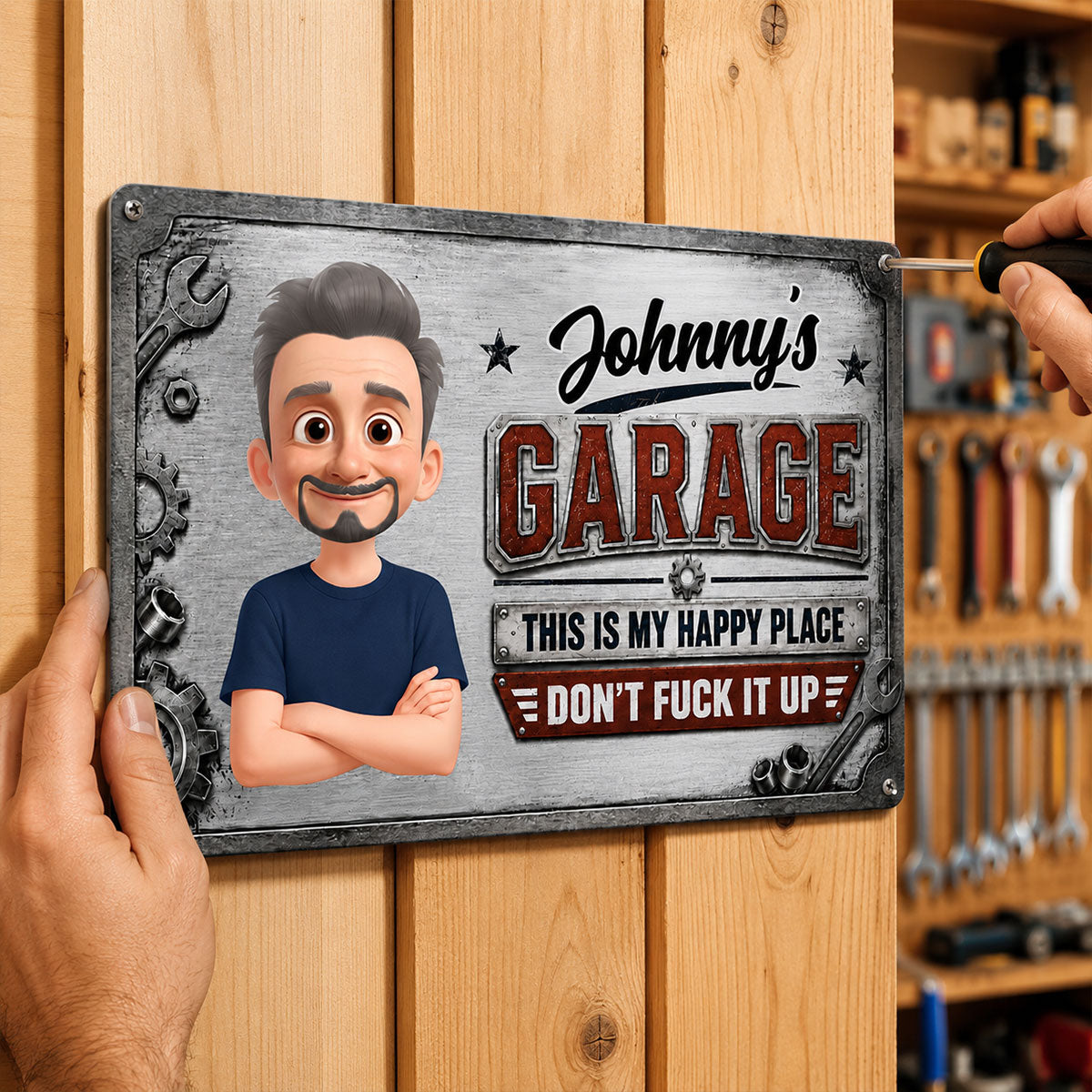 Garage This Is My Happy Place - Personalized Metal Sign - Funny Sarcasm Gift For Man, Dad, Husband, Handyman, Mechanic, Workshop, Man Cave Decor