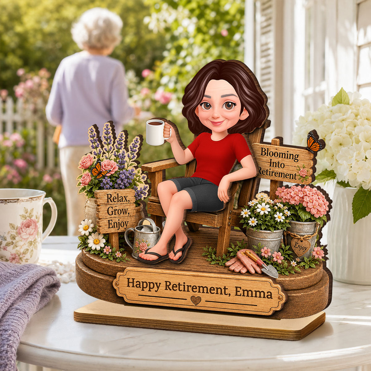 Blooming into Retirement - Personalized 2-Layered Wooden Plaque - Retirement Gift for Grandma, Mom, Wife