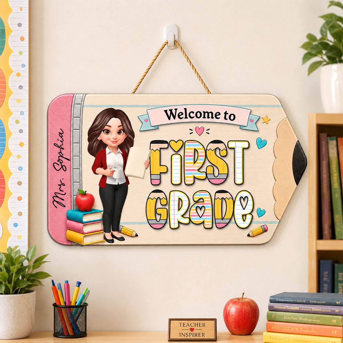 Trending First Grade With Teacher Welcome To Classroom - Personalized Wood Sign - Back To School, Classroom Decor