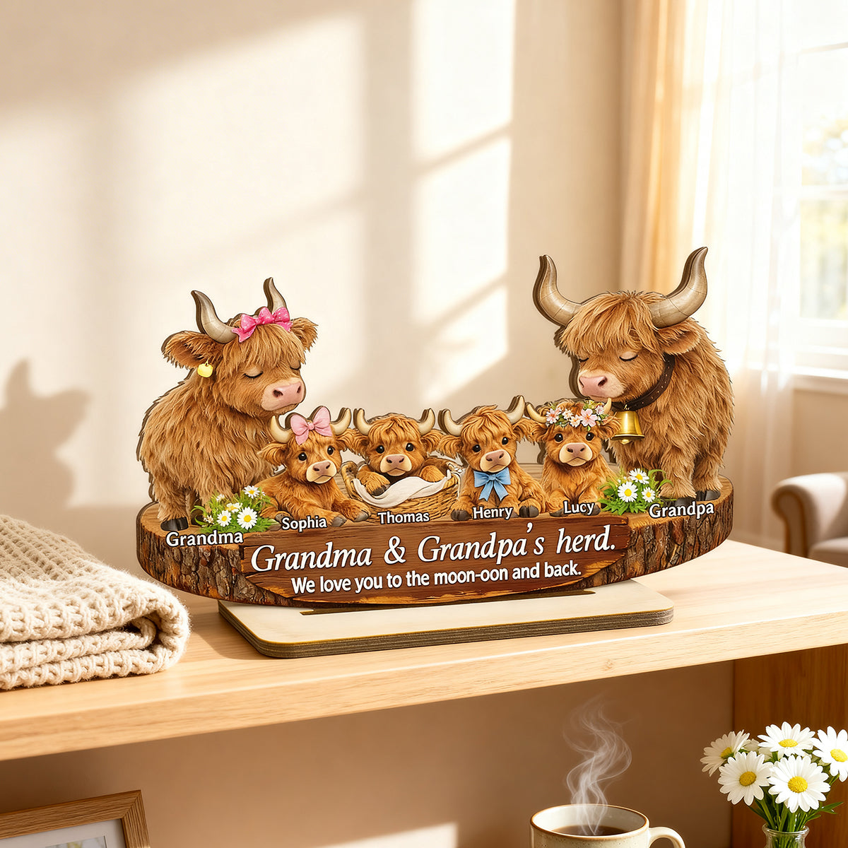 Grandma and Grandpa's Herd Highland Cow Family - Personalized 2-Layered Wooden Plaque - Gift for Grandma, Grandpa