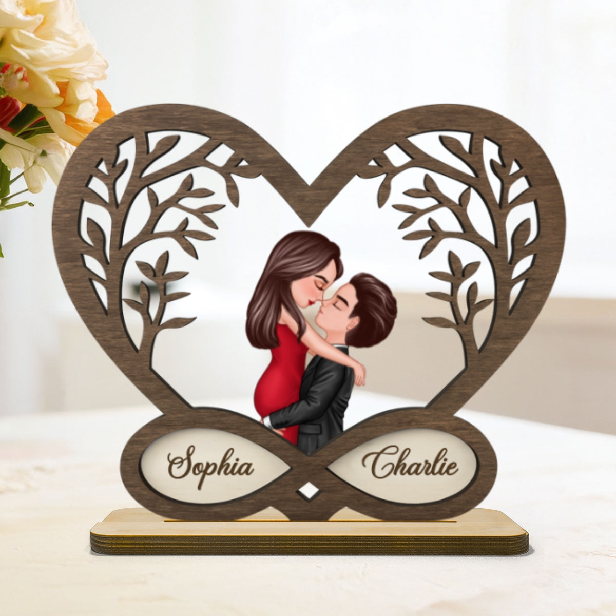 Infinity Heart Love Sign Romantic Couple - Personalized Standing Wooden Plaque - Gift for Couple