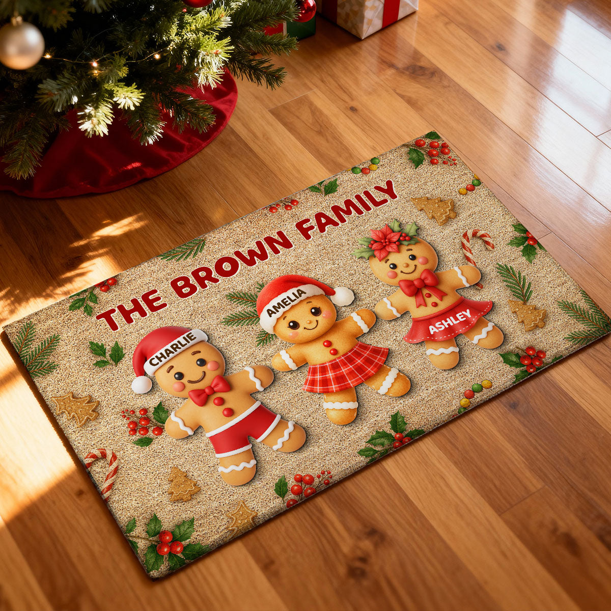 Gingerbread Family - Personalized Doormat - Christmas Gift for Family