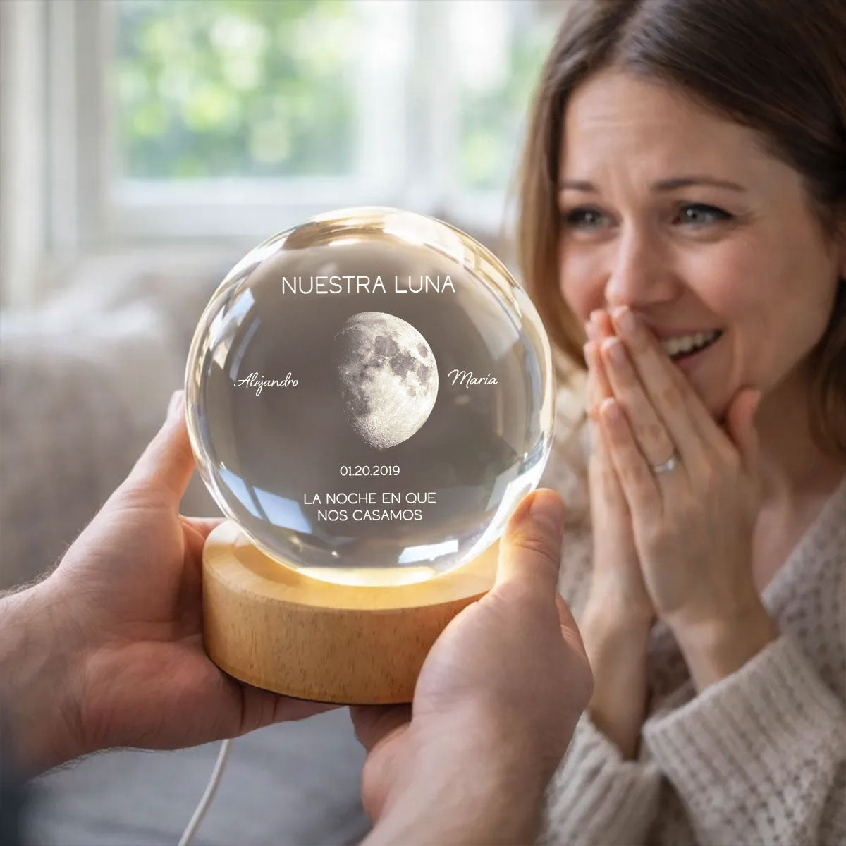 Nuestra Luna – Fase Lunar Personalizada por Fecha – Bola de Cristal con Luz Nocturna – Regalo de Aniversario