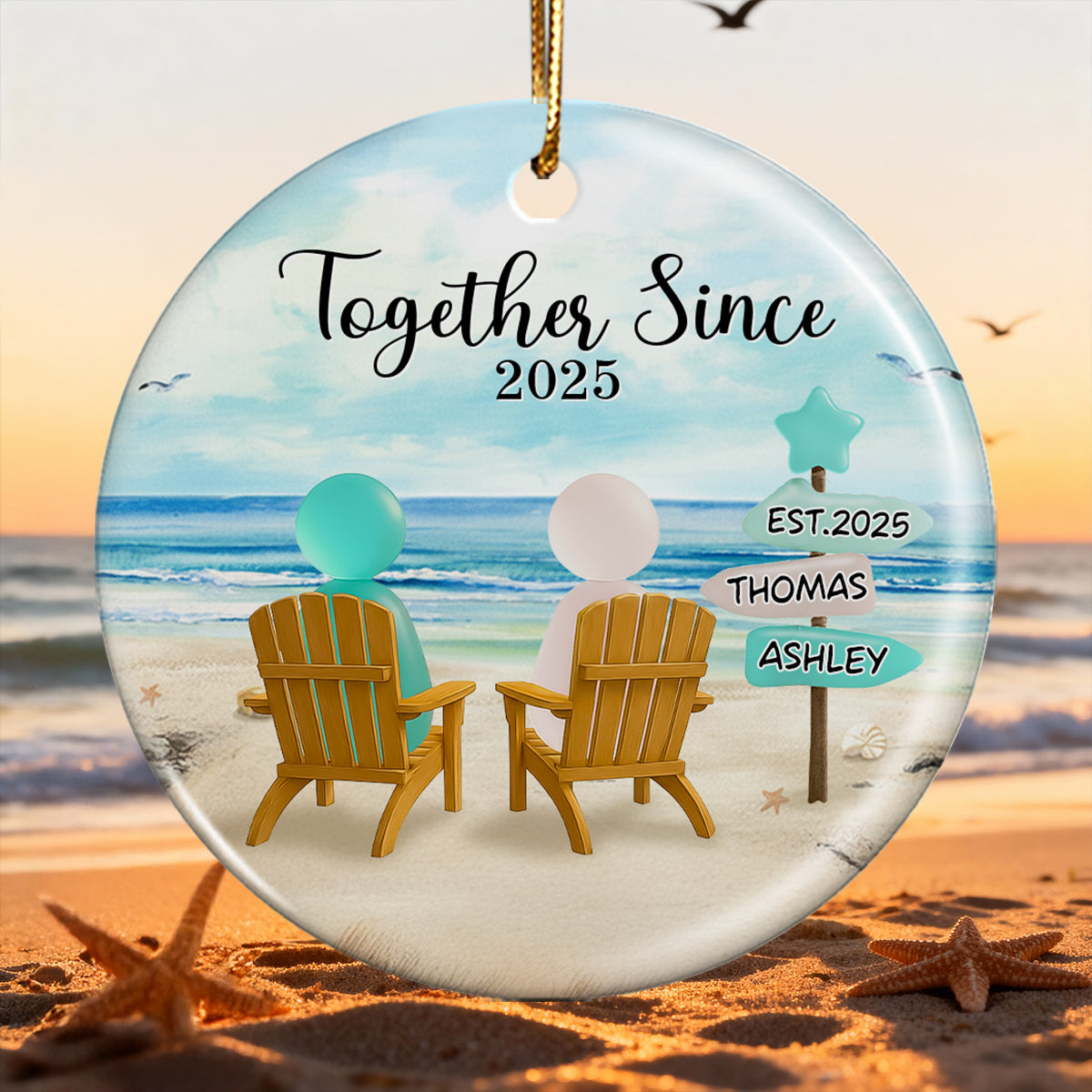 3D Effect Sea Glass Couple Romantic Beach Landscape Sign Posts - Personalized Ceramic Ornament - Heartfelt Christmas Gift For Couple