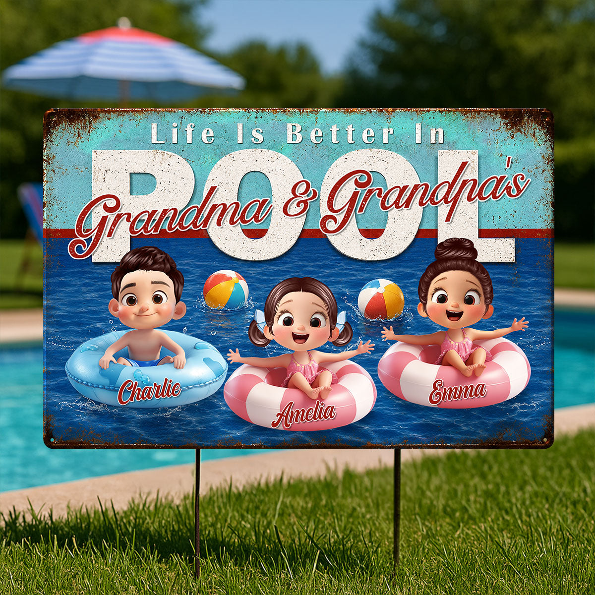 Life is Better in Grandma Grandpa's Pool - Personalized Metal Sign - Summer Decor Gift for Grandma, Grandparents