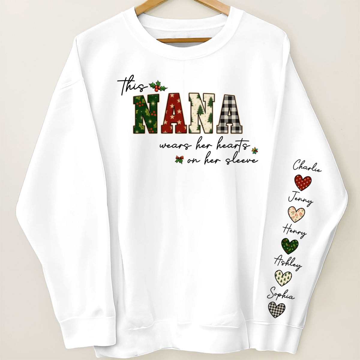 Christmas This Grandma Wears Her Heart Her Sleeve - Personalized Sleeve Printed Sweatshirt