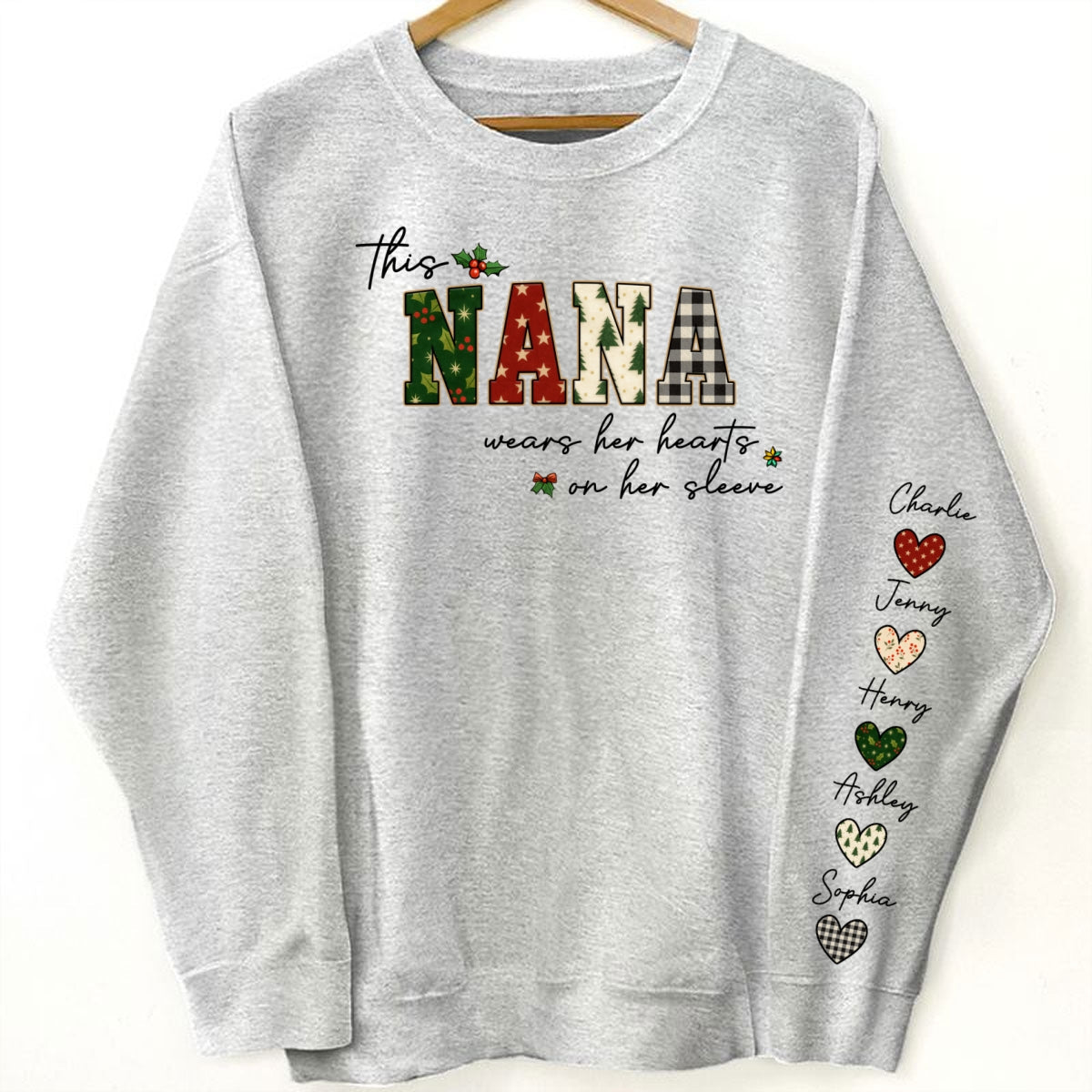 Christmas This Grandma Wears Her Heart Her Sleeve - Personalized Sleeve Printed Sweatshirt