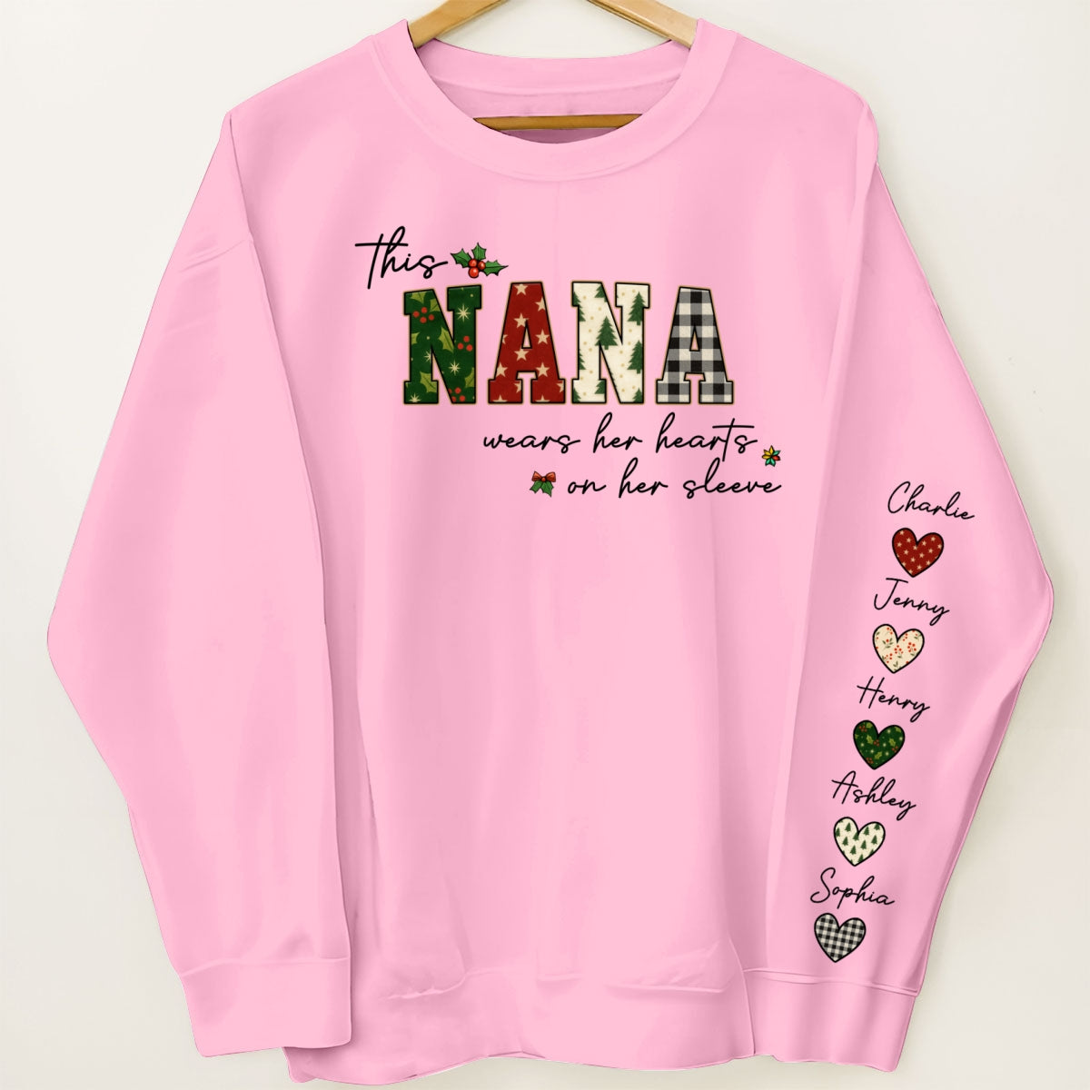 Christmas This Grandma Wears Her Heart Her Sleeve - Personalized Sleeve Printed Sweatshirt
