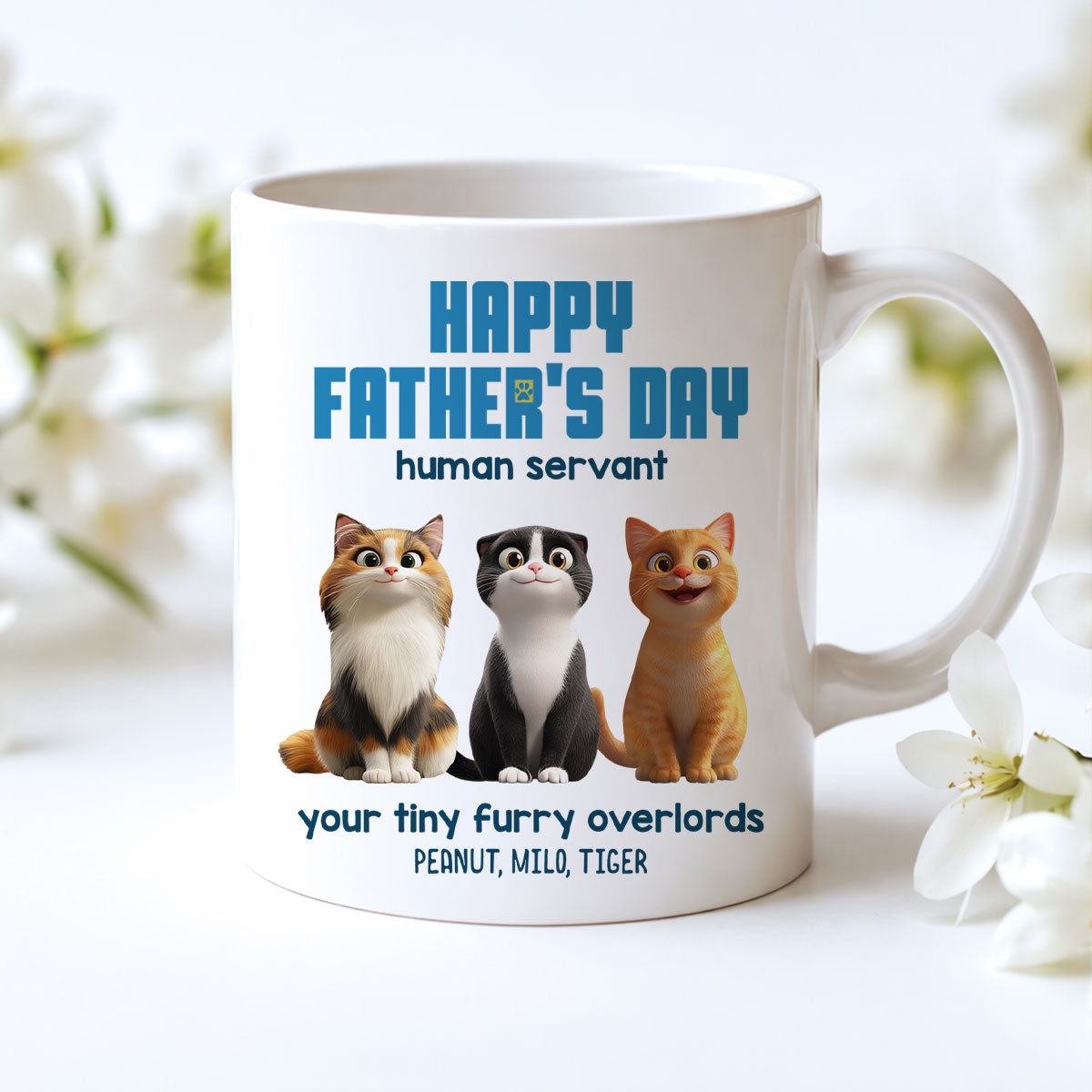 Happy Father's Day Human Servant Cute Fluffy Cats - Personalized Mug - Unique Gift for Cat Dads, Husband