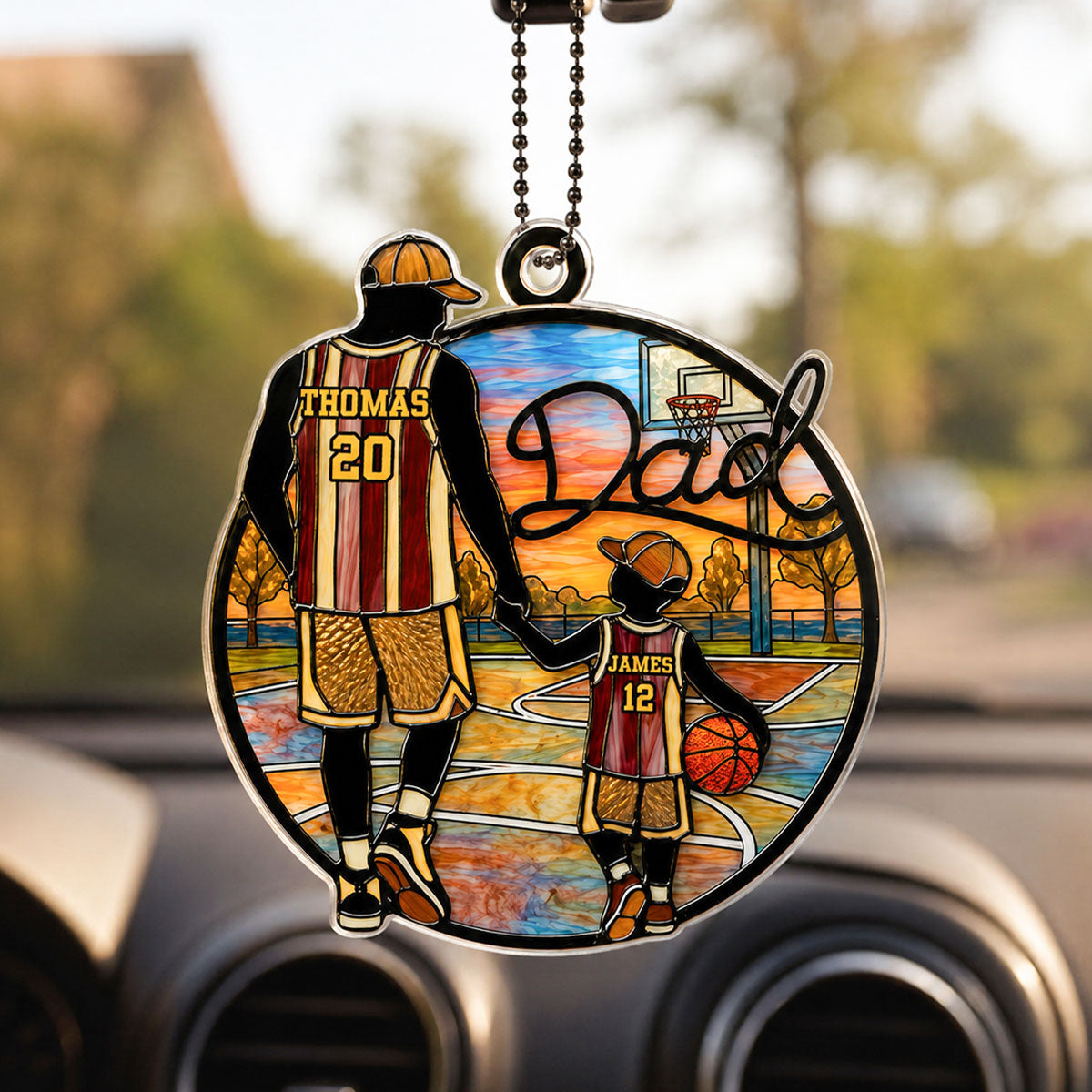 Basketball Dad & Kids 2D Flat - Personalized Acrylic Car Ornament - Father's Day Gift For Basketball Dad