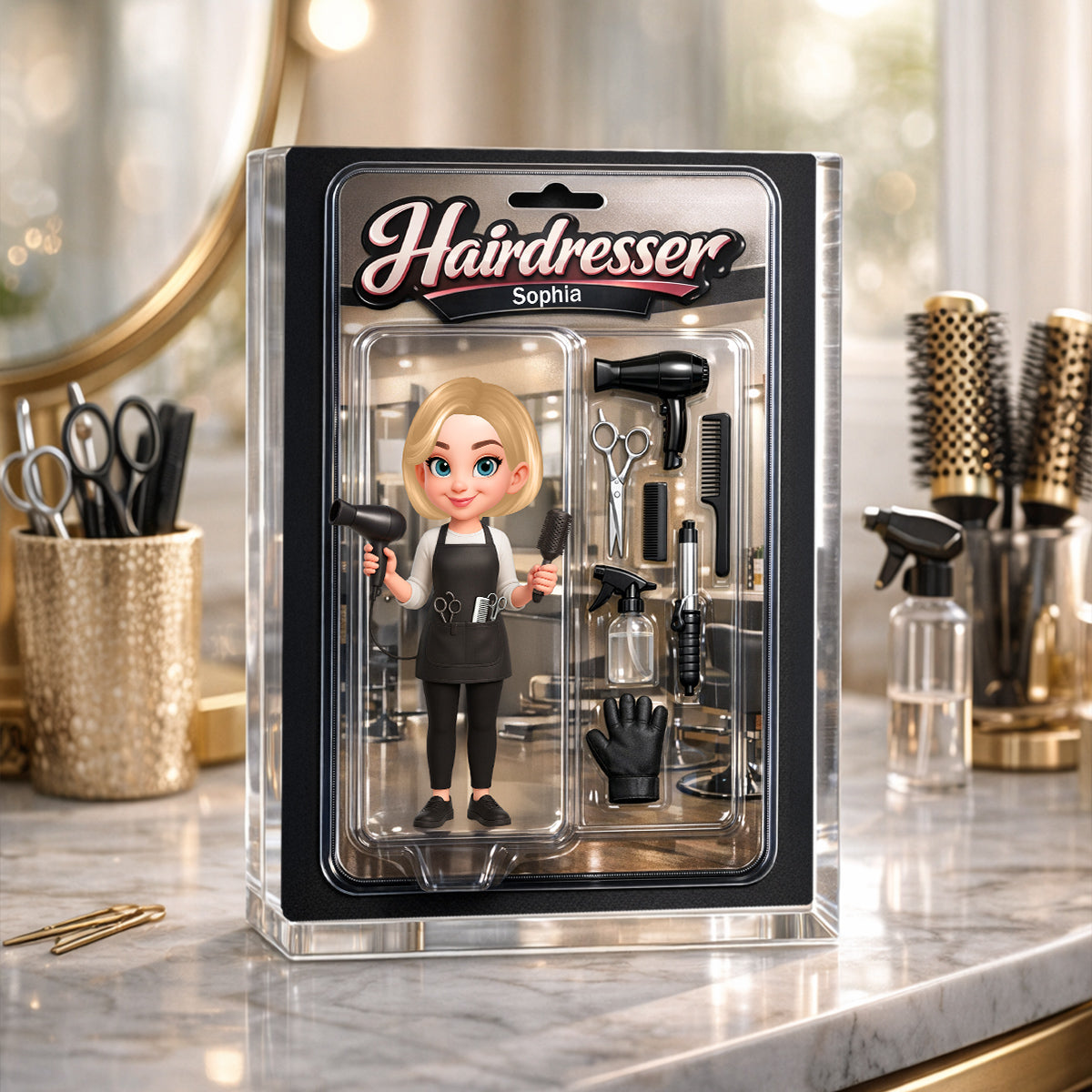 3D Effect Woman Hairdresser Action Figure - Personalized Acrylic Block Plaque - Gift For Hairdressers