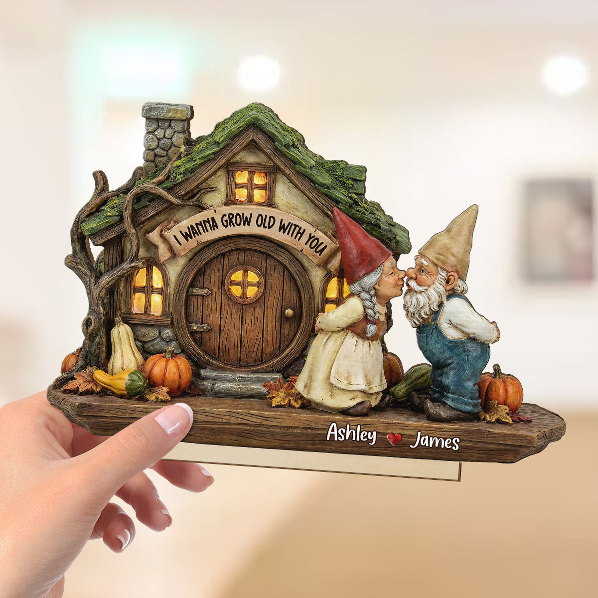 Wanna Grow Old With You Gnome Couple Kissing 2D Flat - Personalized 2-Layered Wooden Plaque - Anniversary, Valentine's Day Gift For Him, Gift For Her