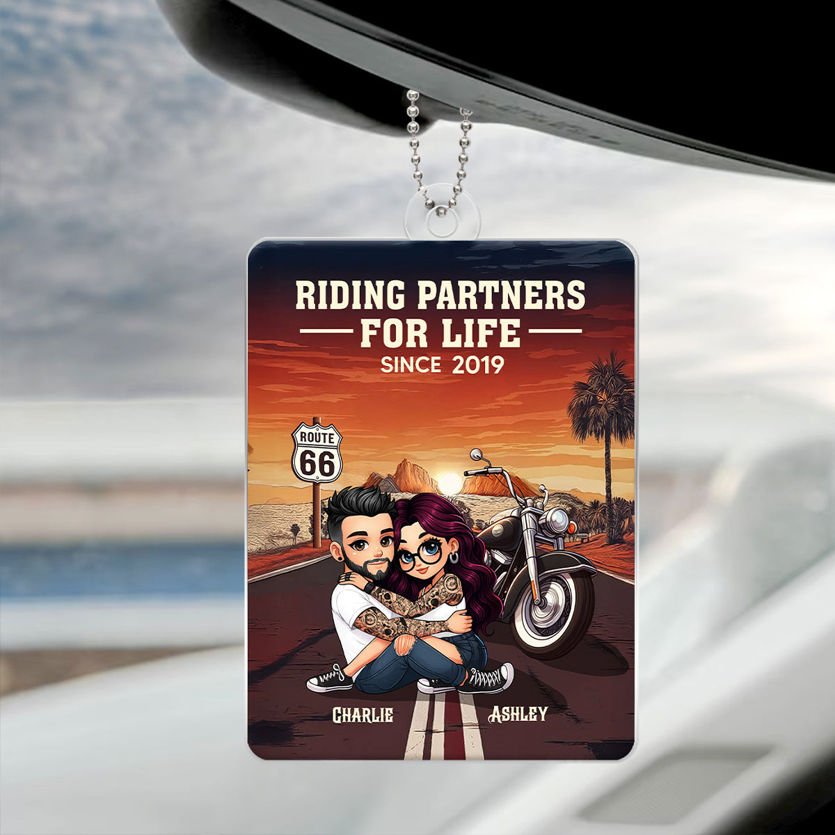 Bikers Couple Riding Partners for Life - Personalized Acrylic Car Hanger - Gift for Him, Gift for Her