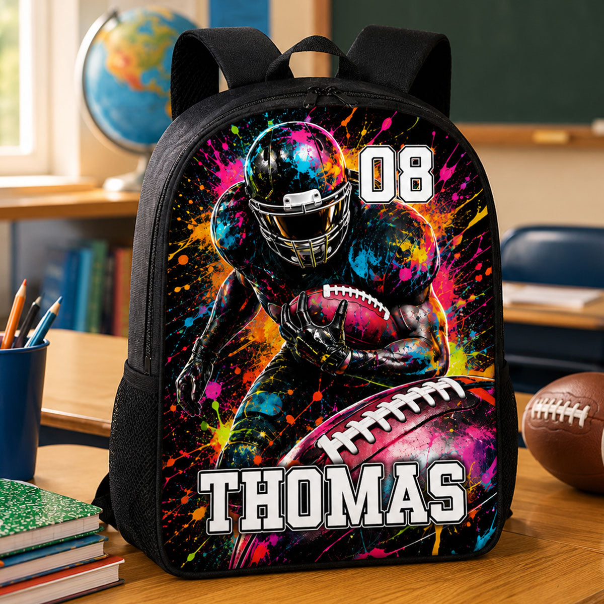 Watercolor Splash American Football Custom Name & Number - Personalized Backpack - Back To School Gift For Football Lovers, Kid Boy, Son, Grandson