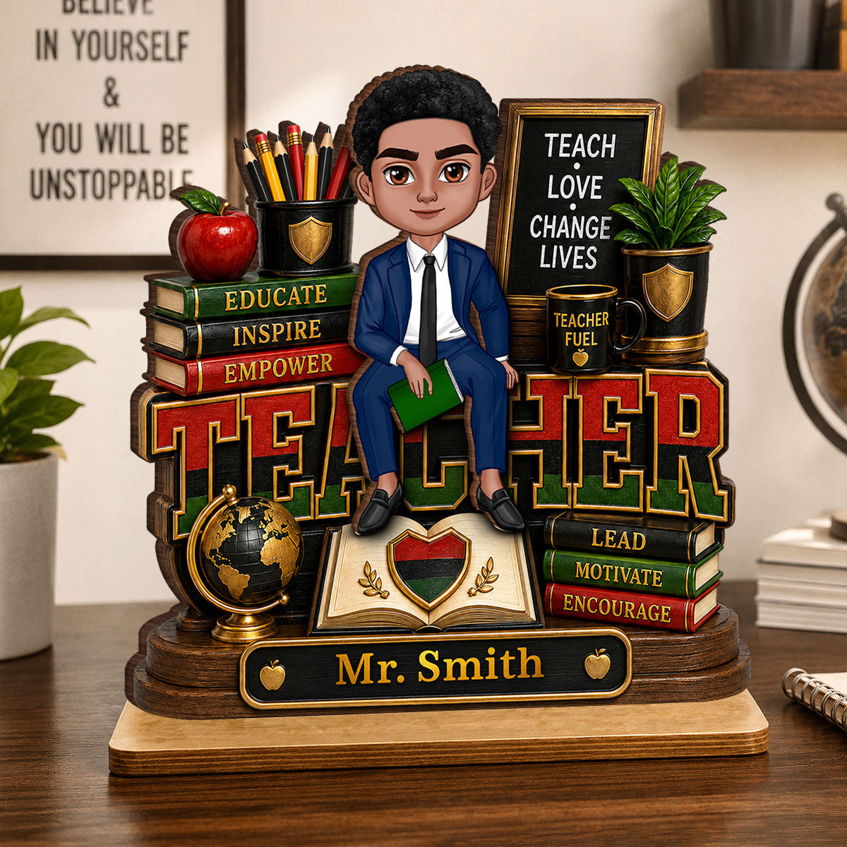 Teach Love Changes Life - Personalized 2-Layered Wooden Plaque - African American Male Teacher Appreciation Gift