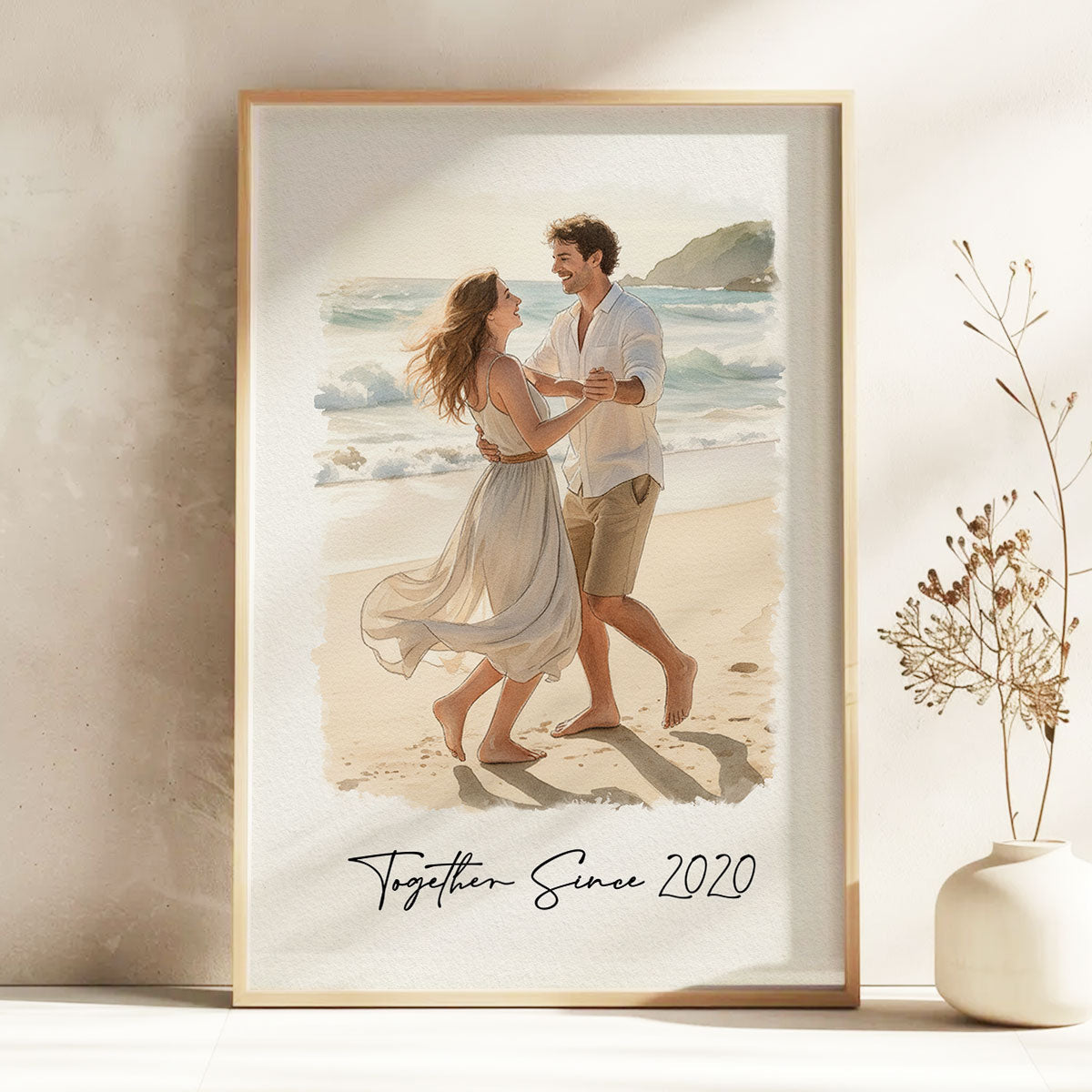 Watercolor Couple Family Pet Portrait - Personalized Poster - Anniversary Gift For Couple