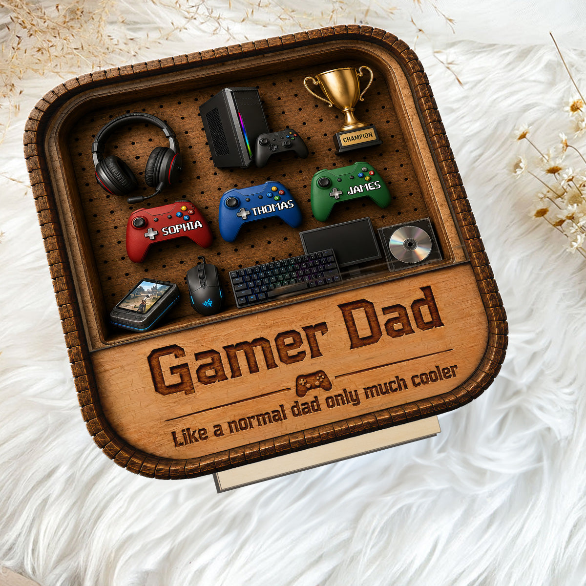 Gamer Dad Gaming Shelf Display With Kids Name 2D Flat - Personalized Wooden Plaque
