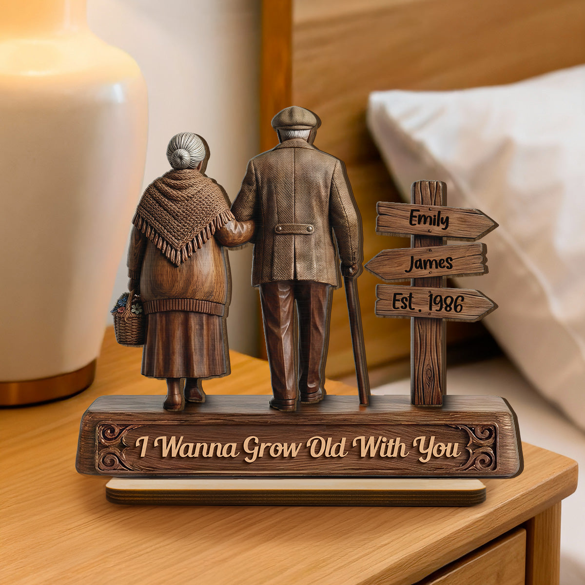 Old Couple Walking Side By Side Sign Post 2D Flat - Personalized 2-Layered Wooden Plaque