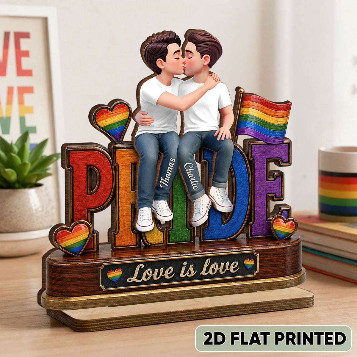 LGBT Couple Pride Love is Love - Personalized 2-Layered Wooden Plaque - Heartfelt Gift for Her, Gift for Him