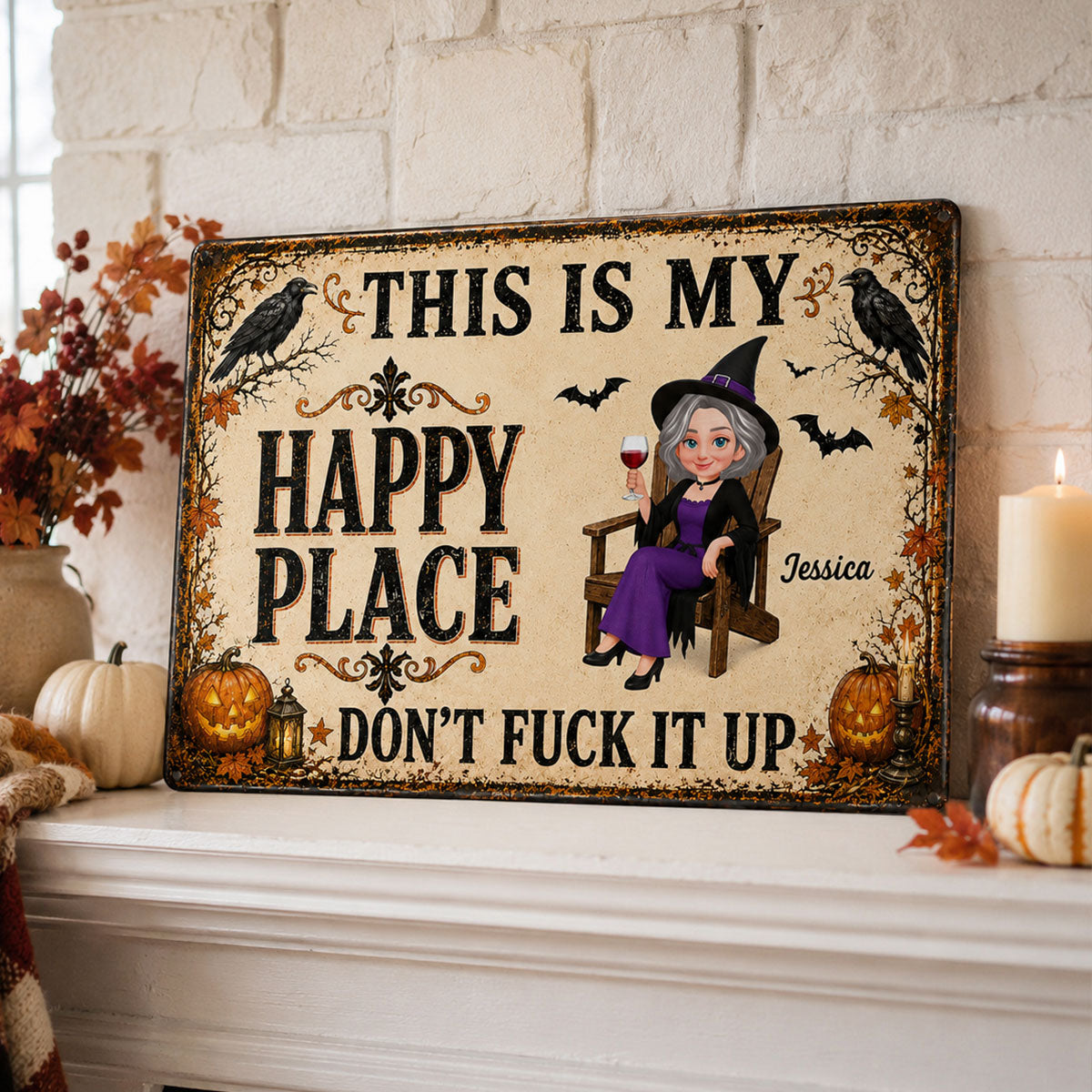 Happy Place Halloween Couple - Personalized Metal Sign - Halloween Gift For Him, Her