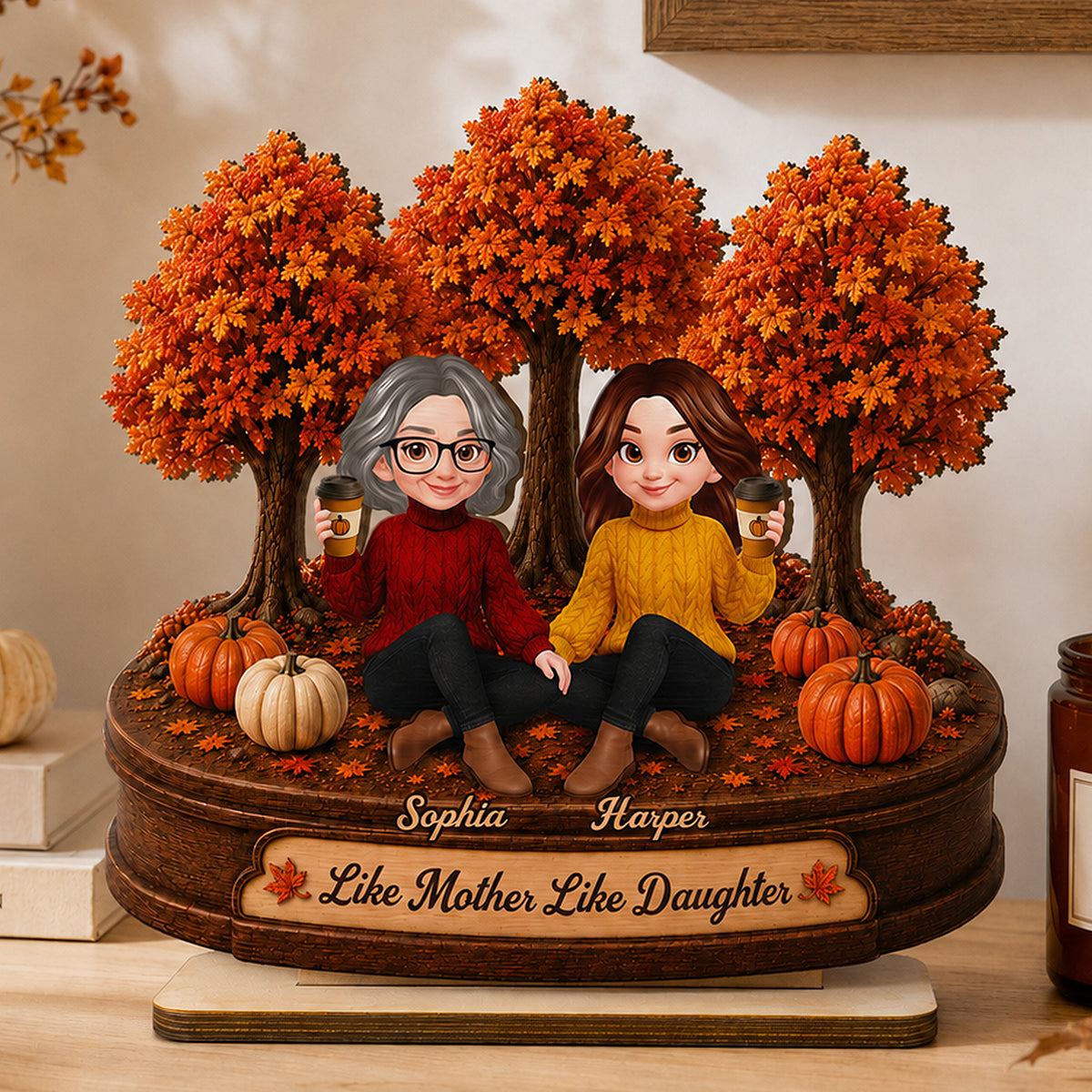 Mother Daughters Fall Season Forest 2D Flat - Personalized Wooden Plaque