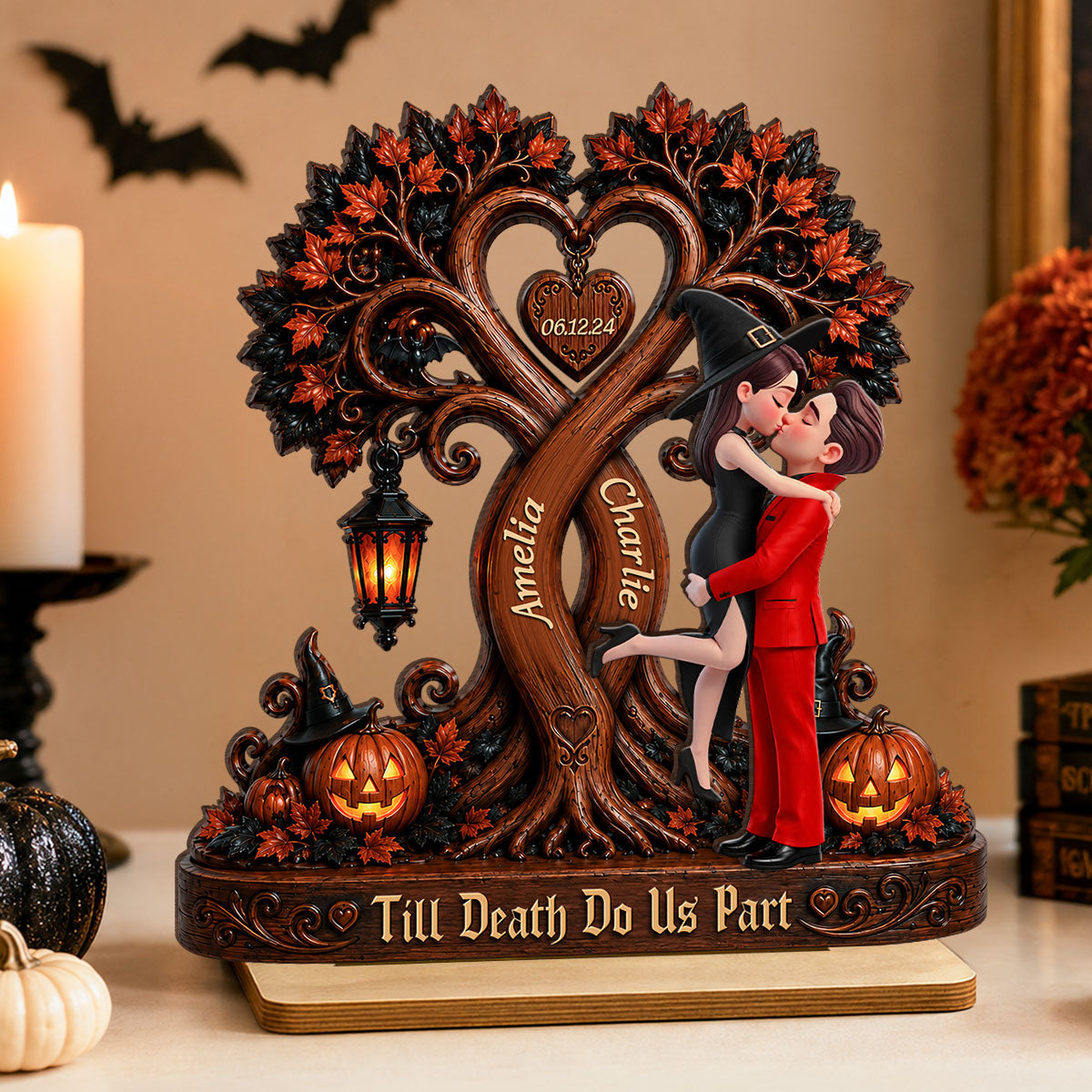 Couple Kissing Under Halloween Tree - Personalized 2-Layered Wooden Plaque - Halloween Decor for Her, for Him