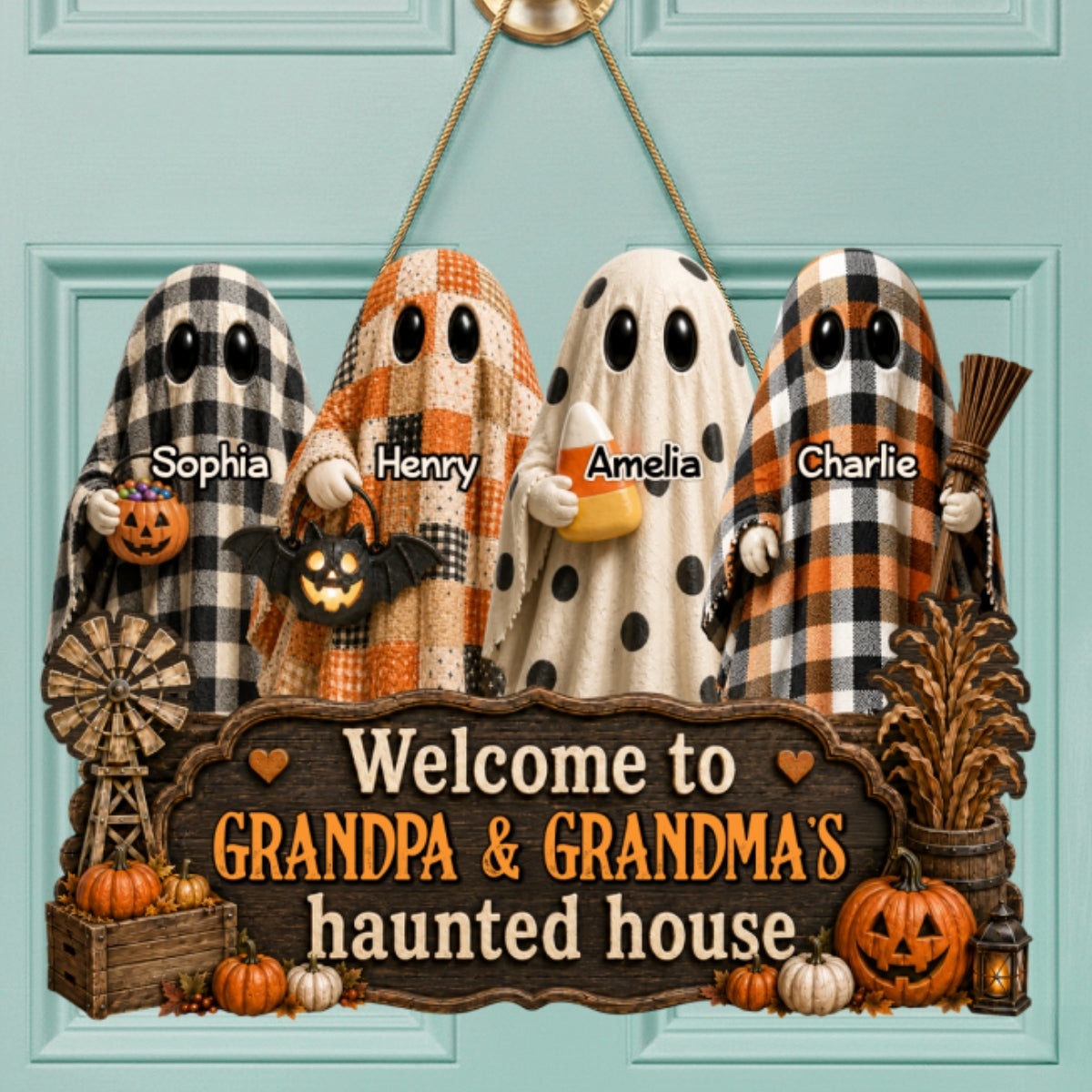 Halloween Farmhouse Style Welcome To Grandma Grandpa Haunted House - Personalized Wood Sign - Halloween Decoration For Grandparents