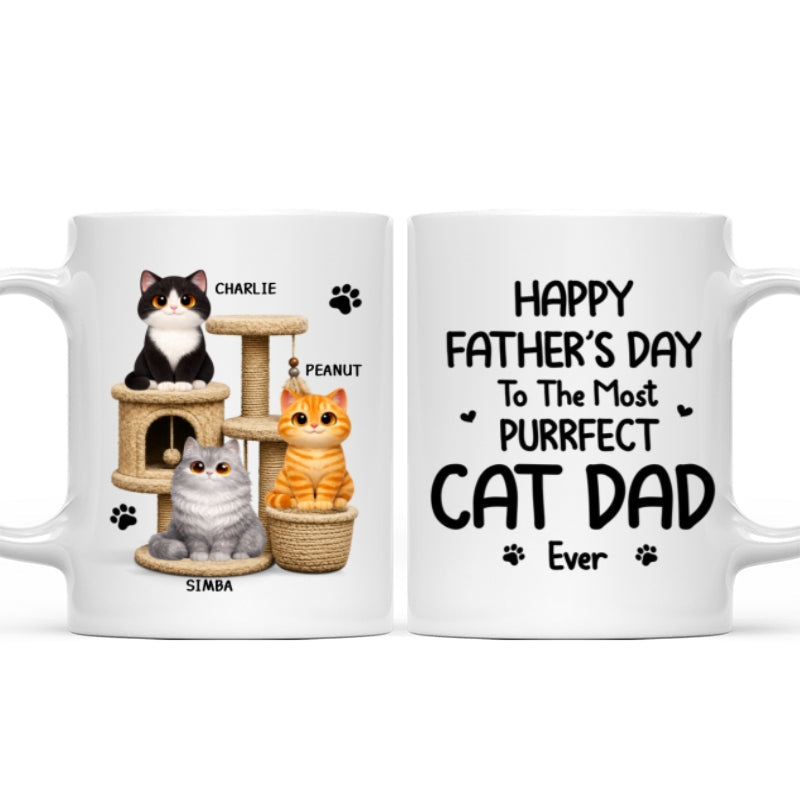 Happy Father's Day To The Most Purrfect Cat Dad Cute Cats On Cat Tree - Personalized Mug - Father's Day Gift For Cat Dad