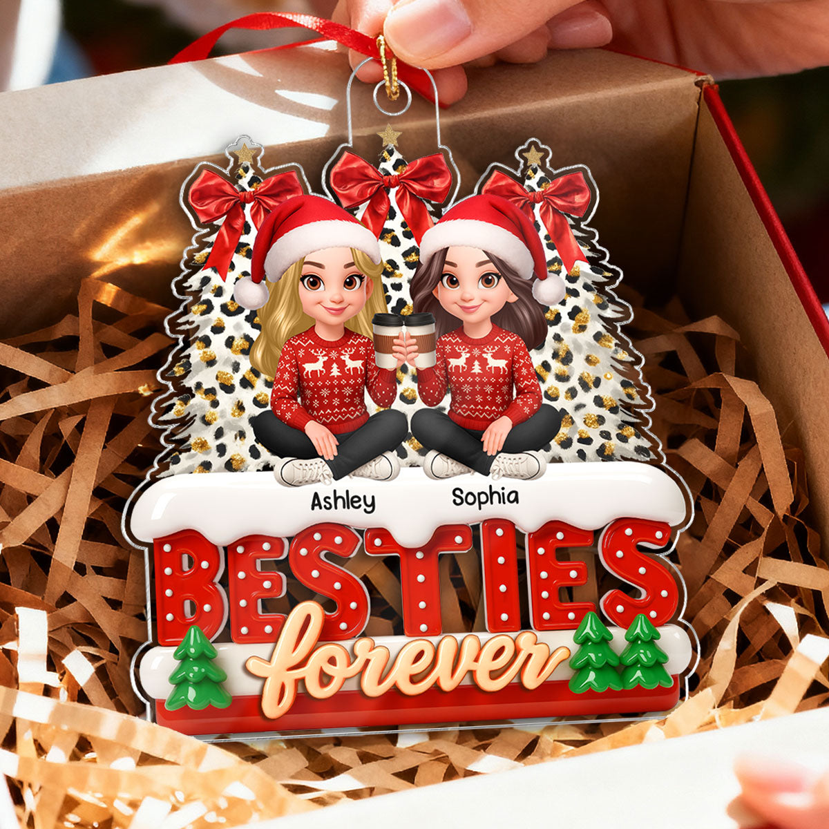 3D Effect Cartoon Besties Forever Leopard Coquette Christmas Tree - Personalized Acrylic Ornament