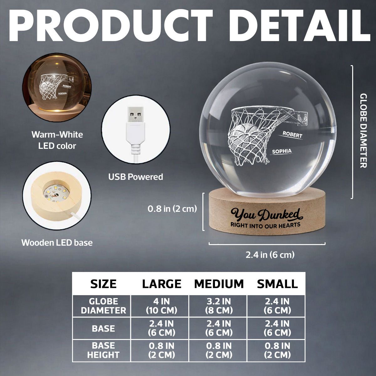 We Dunked Right Into Our Heart - Personalized Crystal Ball LED Night Light -  Gift For Basketball Dad