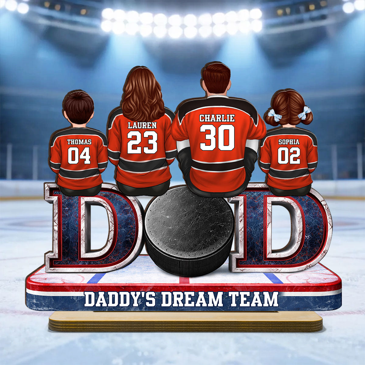 Hockey Dad Family Sitting Back View - Personalized 2-Layered Wooden Plaque - Heartfelt Gift For Hockey Dad, Gift For Husband, Gift For Family