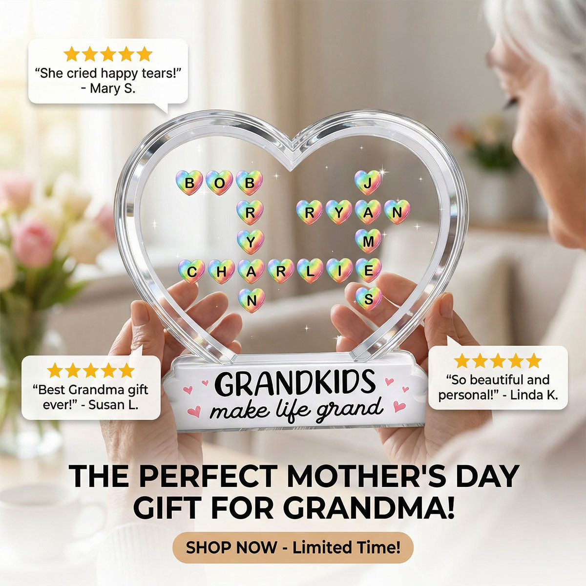 Grandkids Make Life Grand Crossword Puzzle Art Colorful Hearts 2D Flat - Personalized Acrylic Block Plaque - Gift For Grandma