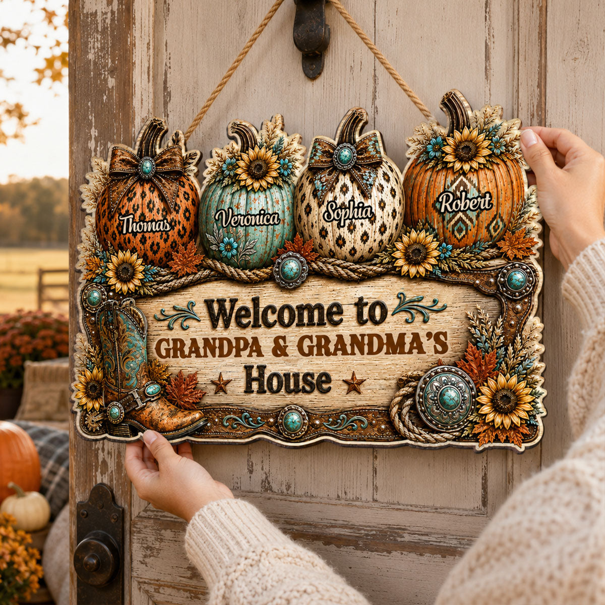 Western Fall Season Vibe Little Pumpkins Welcome To Grandma Grandpa House - Personalized Wood Sign - Fall Decoration For Grandparents