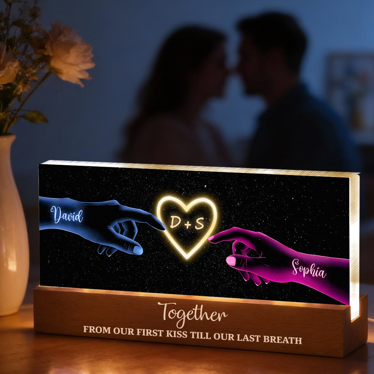 Couple Hands Neon Art - Personalized Acrylic Block LED Night Light - Heartfelt Valentine's Day Gift for Her, for Him
