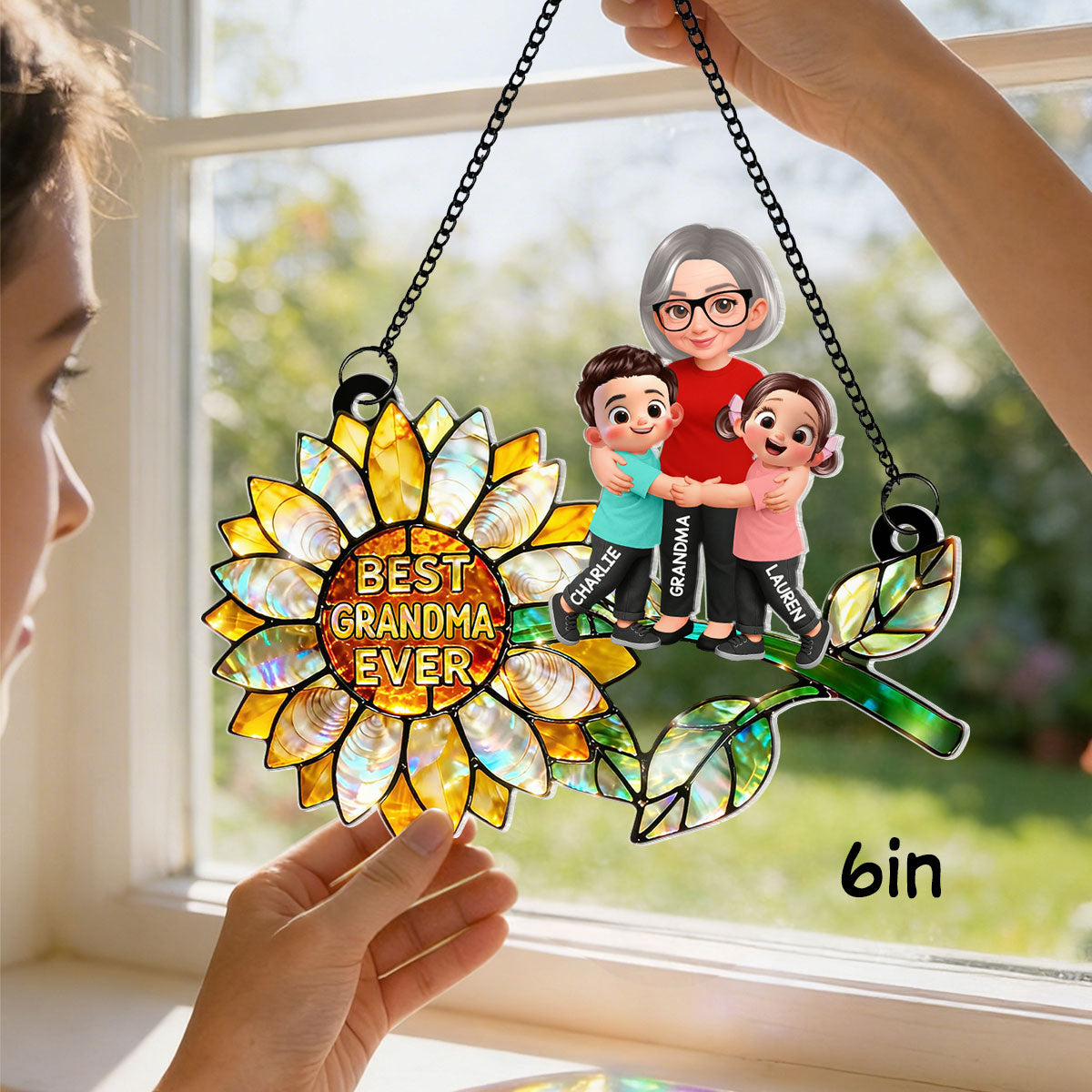 Sunflower Grandma Hugging Grandkids - Personalized Window Hanging Suncatcher - Mother's Day Gift for Mom, Wife