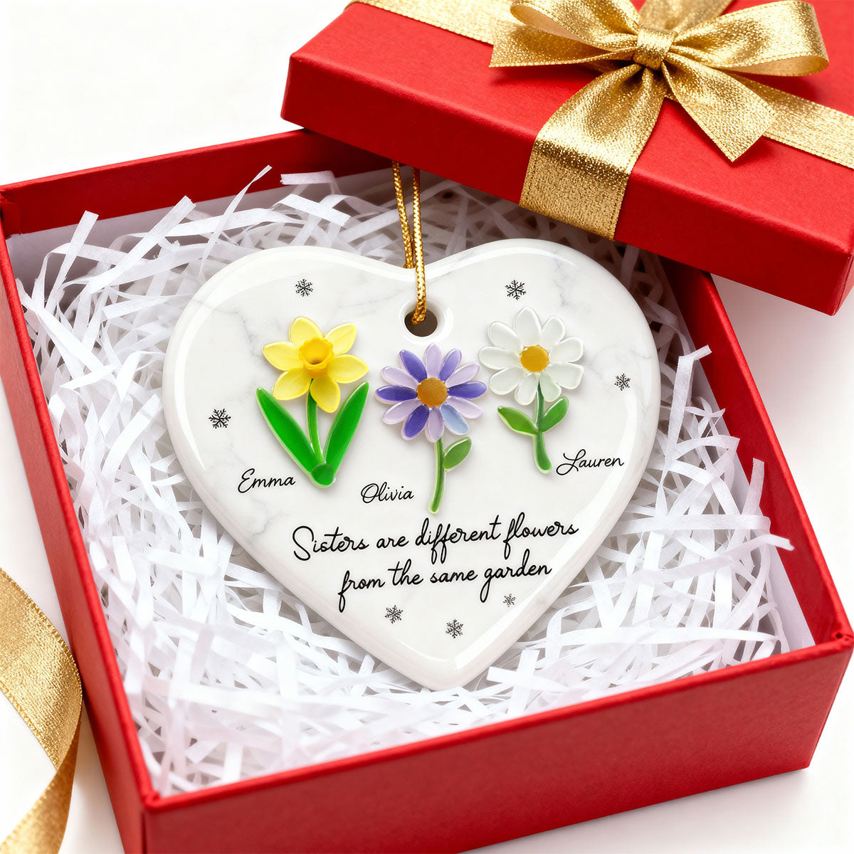 3D Effect Sea Glass Sisters Are Different Flowers from the Same Garden - Personalized Ceramic Ornament with Acrylic