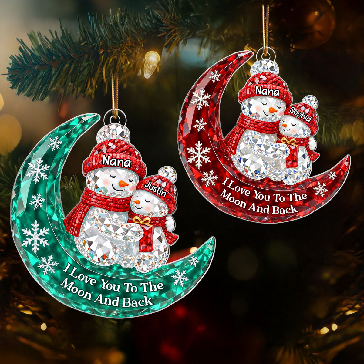 3D Crystal Effect Snowman Grandma Grandkid Love to the Moon - Personalized Acrylic Ornament - Christmas Gift for Grandma, Grandkids