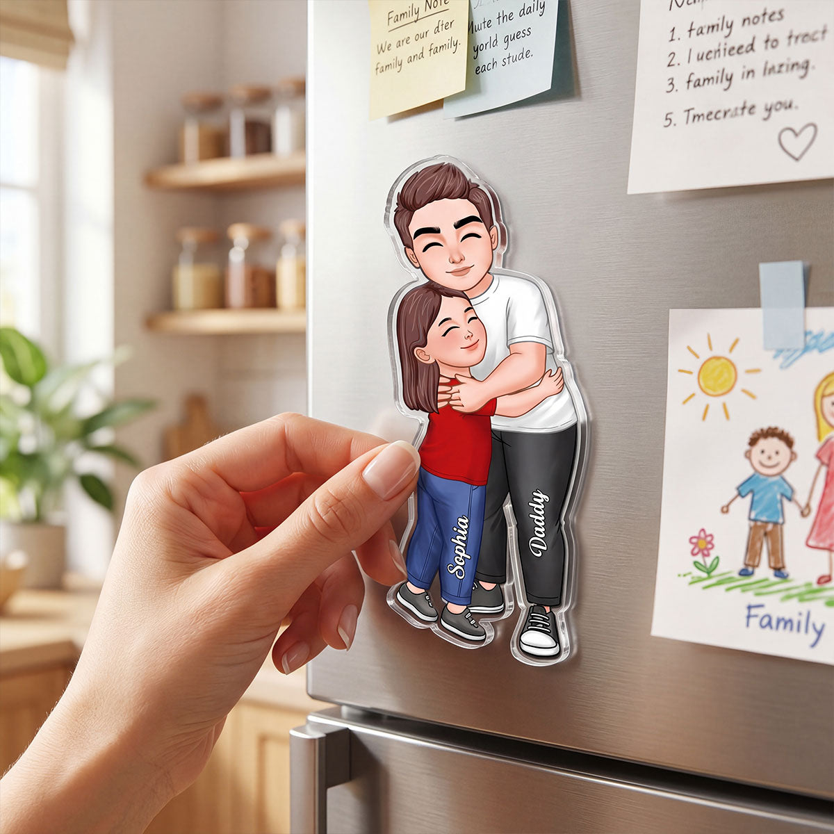 Dad Grandpa Embracing Kid - Personalized Acrylic Fridge Magnet - Heartfelt Father's Day Gift For Dad, Grandpa