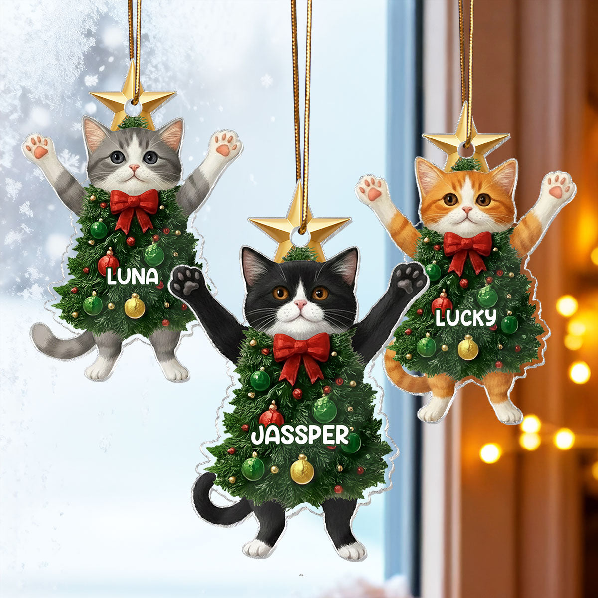 3D Effect Whimsical Christmas Cat - Personalized Acrylic Ornament - Gift For Cat Lover