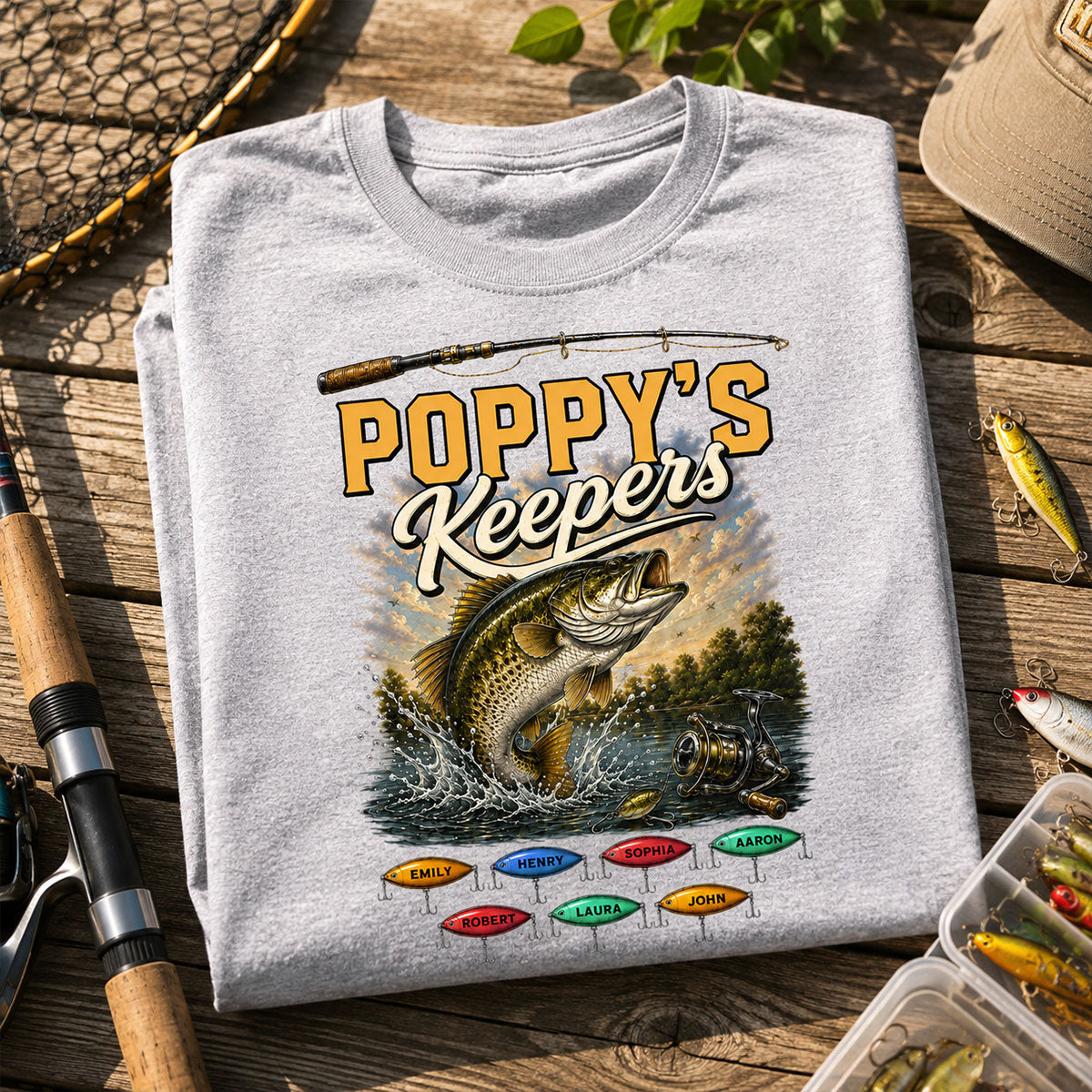 Poppy's Keepers Fishing With Grandkids Names - Personalised Shirt - Father's Day Gift For Dad, Grandpa