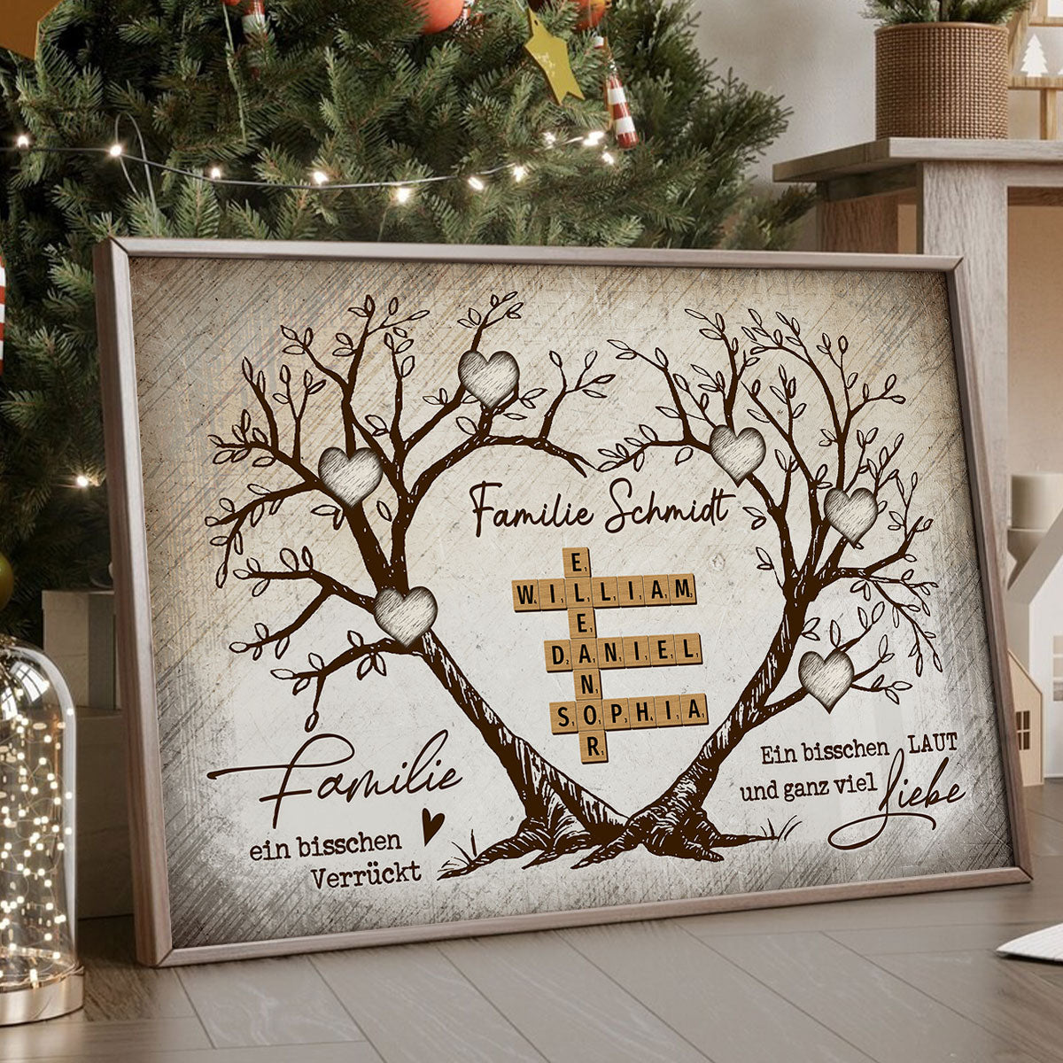 Personalisiertes Familien-Poster – Herzbaum & Kreuzworträtsel – Für immer verbunden – Geschenk für Familie, Mann & Frau