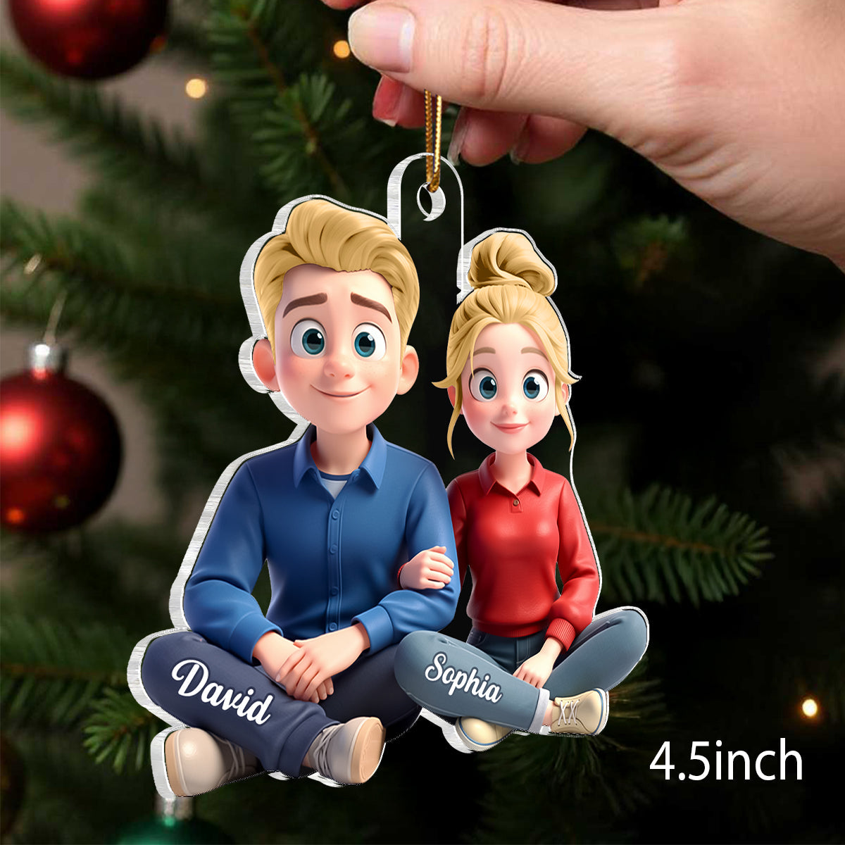 Cartoon Couple Sitting Together - Personalized Acrylic Ornament - Christmas Gift for him, Gift for her