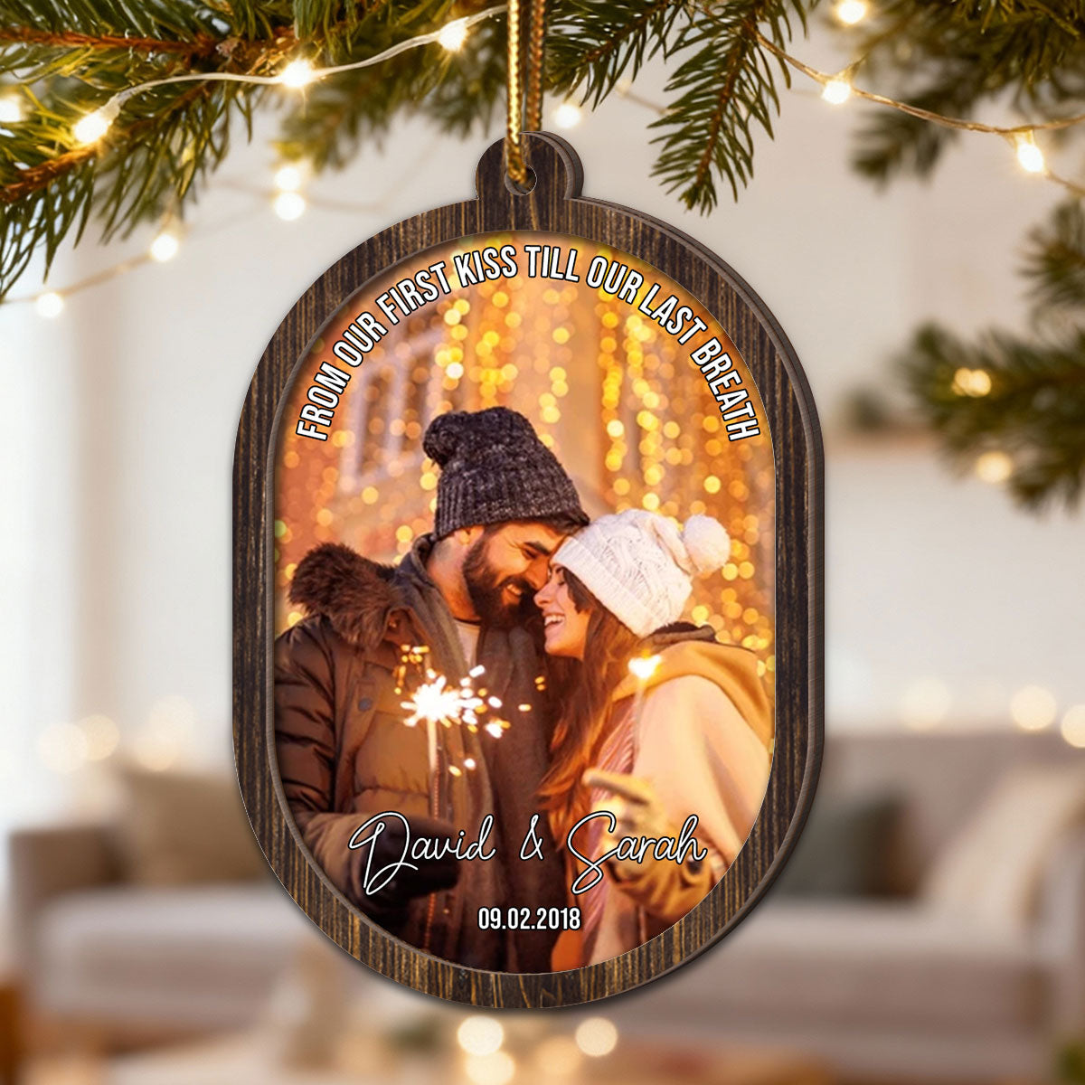 Couple Upload Photo Christmas - Personalized 2-Layered Wooden Ornament